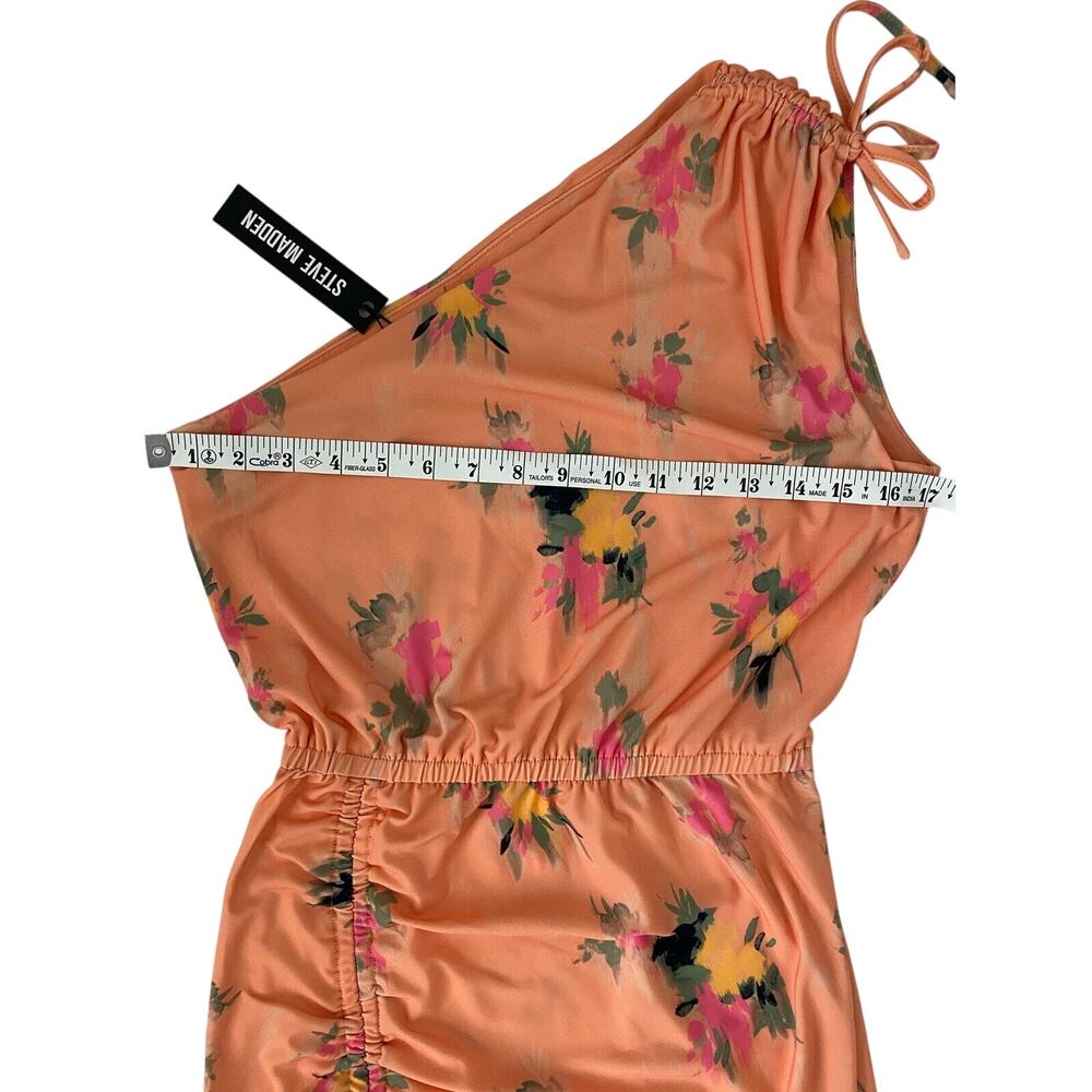 Steve Madden One Shoulder Midi Dress Orange Floral Ruched Size S NWT - Picture 5 of 9